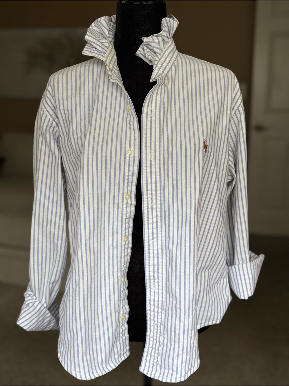 Reworked Ralph Lauren Blue Stripe Ruffle Collar Button-Up Top - Picture 9 of 15